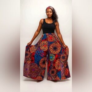 Ankara Print Super Wide Leg Elastic Waist Palazzo Pants with Pocket & Hair Wrap